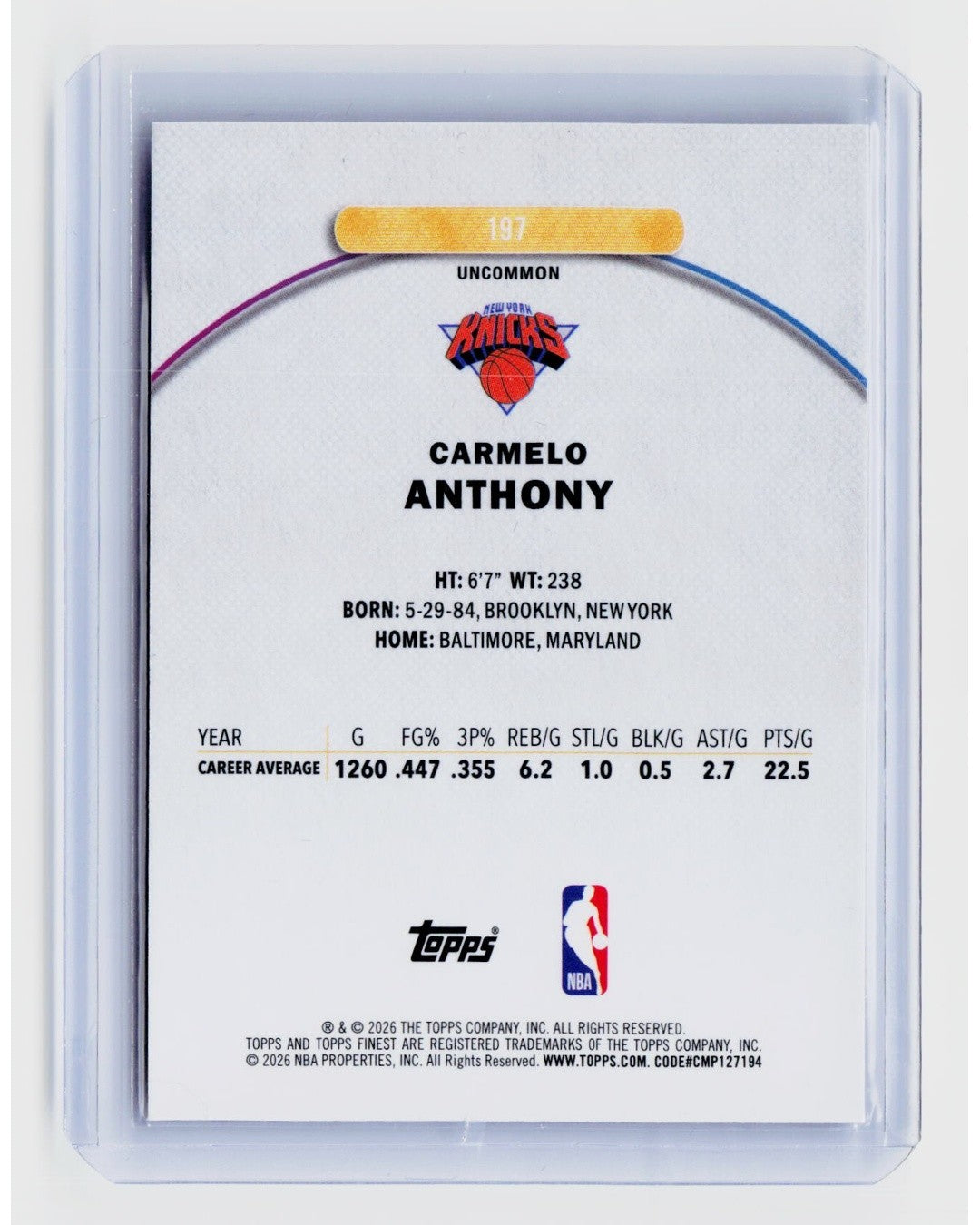 2025-26 Topps Finest - Uncommon Carmelo Anthony #197 Checkerboard Refractor1