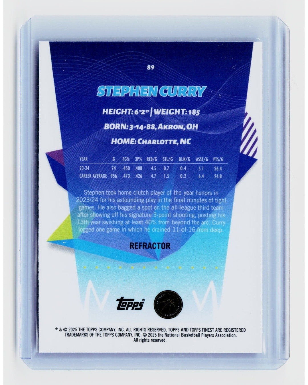 2024 25 Topps Finest Common Refractor Stephen Curry #891