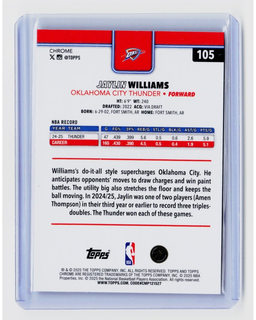 2025 26 Topps Chrome Jaylin Williams #105 Prism Refractor1