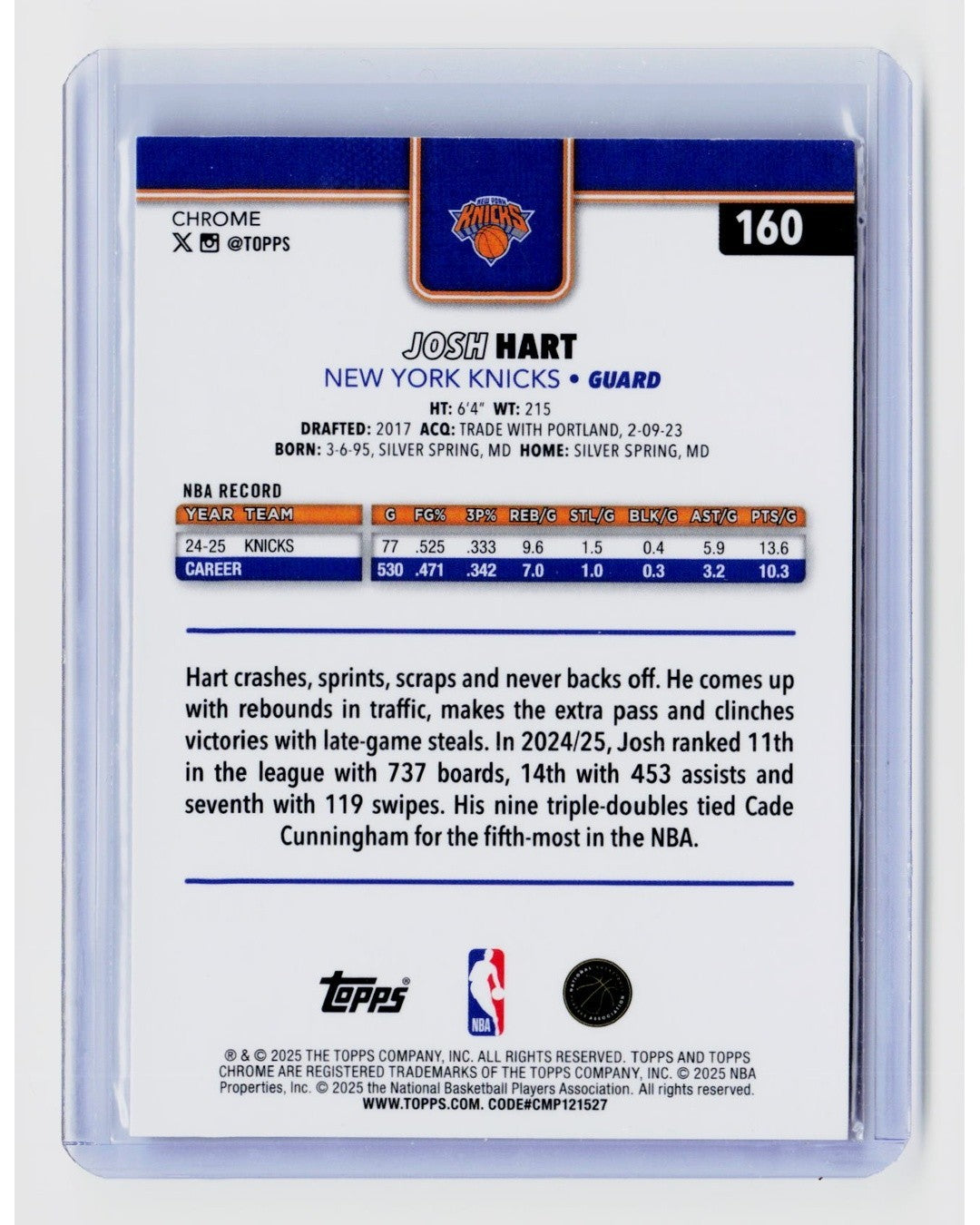 2025-26 Topps Chrome - Josh Hart #160 RayWave Refractor1