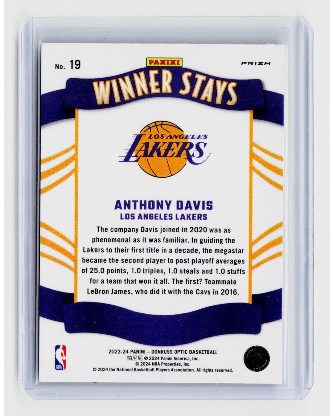 2023 24 Panini Donruss Optic   Winner Stays Anthony Davis #19 Purple Prizm1