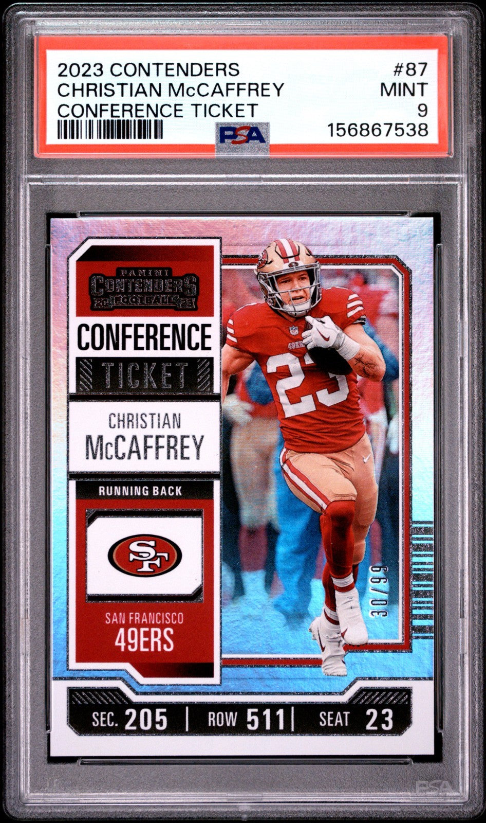 2023 Panini Contenders - Christian McCaffrey #87 Conference Ticket /99 PSA 90