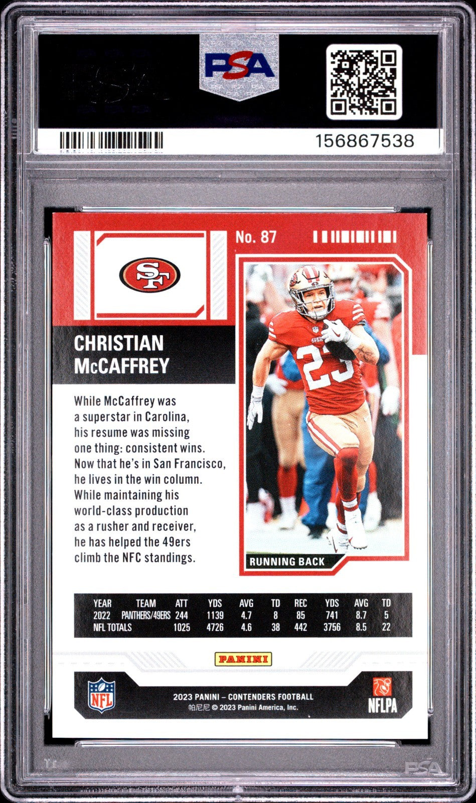 2023 Panini Contenders - Christian McCaffrey #87 Conference Ticket /99 PSA 91