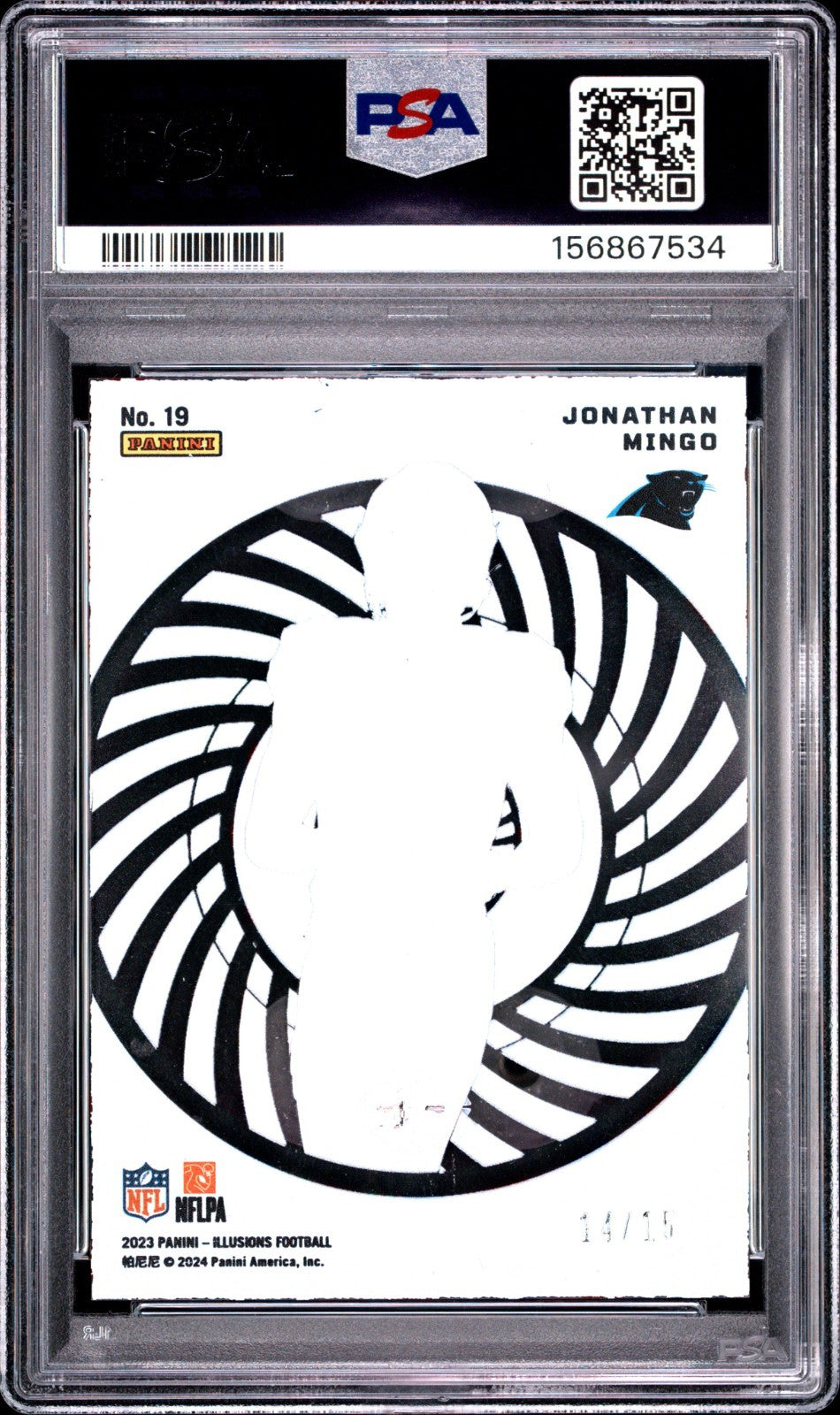 2023 Panini Illusions Mystique Red & Blue Jonathan Mingo #19 RC /15 PSA 8 POP 11