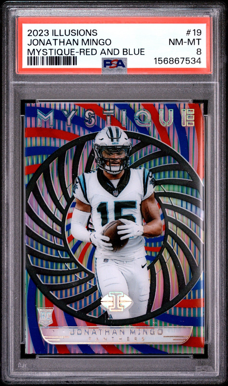 2023 Panini Illusions Mystique Red & Blue Jonathan Mingo #19 RC /15 PSA 8 POP 10