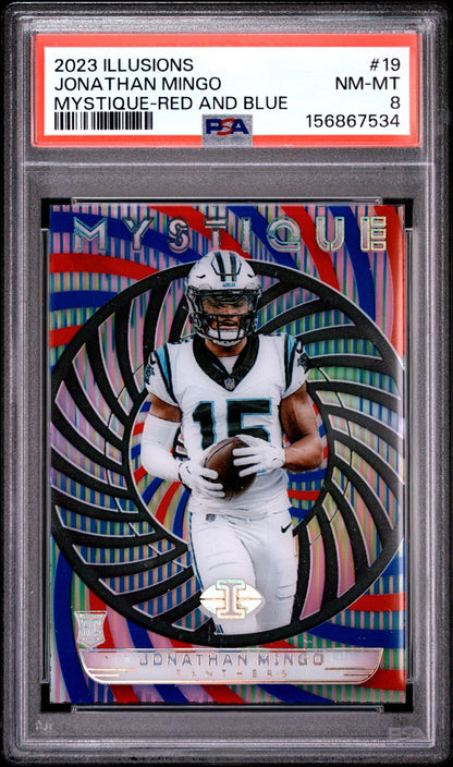 2023 Panini Illusions Mystique Red & Blue Jonathan Mingo #19 RC /15 PSA 8 POP 10
