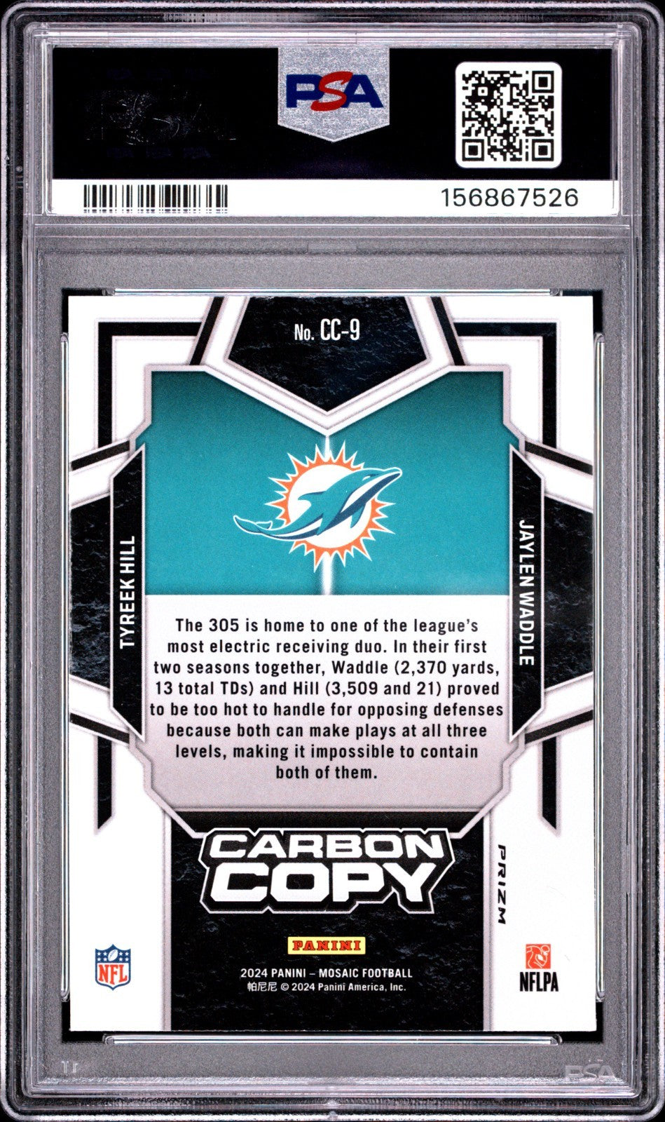 2024 Mosaic Carbon Copy No Huddle Tyreek Hill/Jaylen Waddle Silver PSA 9 POP 11