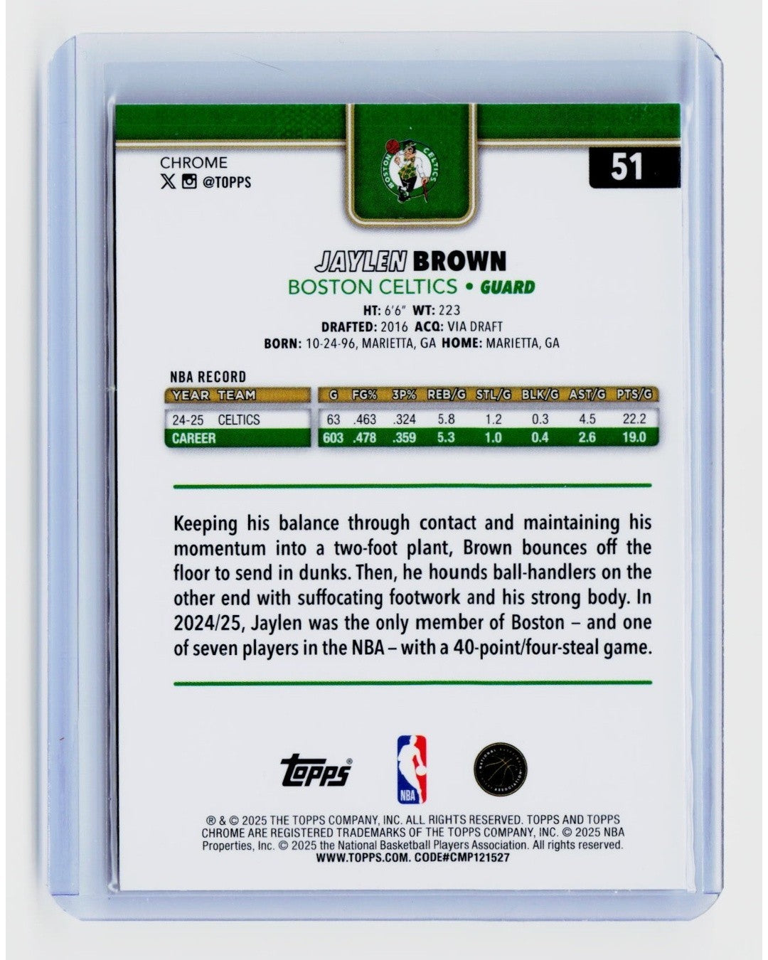 2025-26 Topps Chrome - Jaylen Brown #51 Skylight Refractor1