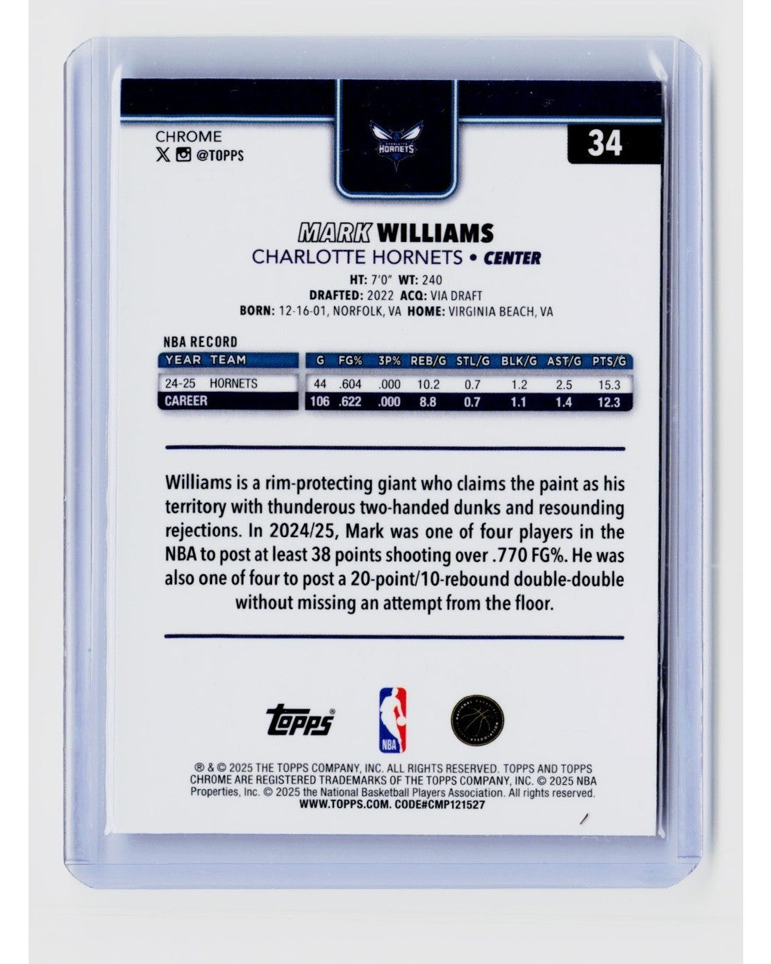 2025-26 Topps Chrome - Mark Williams #34 Sklight Refractor1