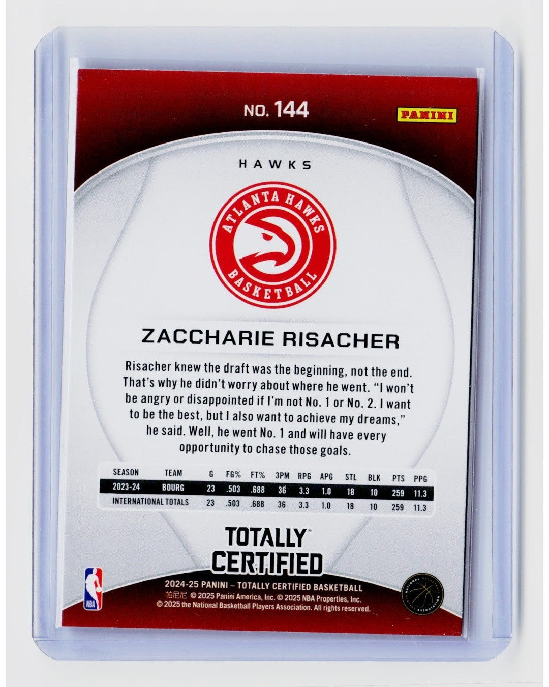 2024-25 Panini Totally Certified - Zaccharie Risacher #144 Maroon Mirror (RC)1