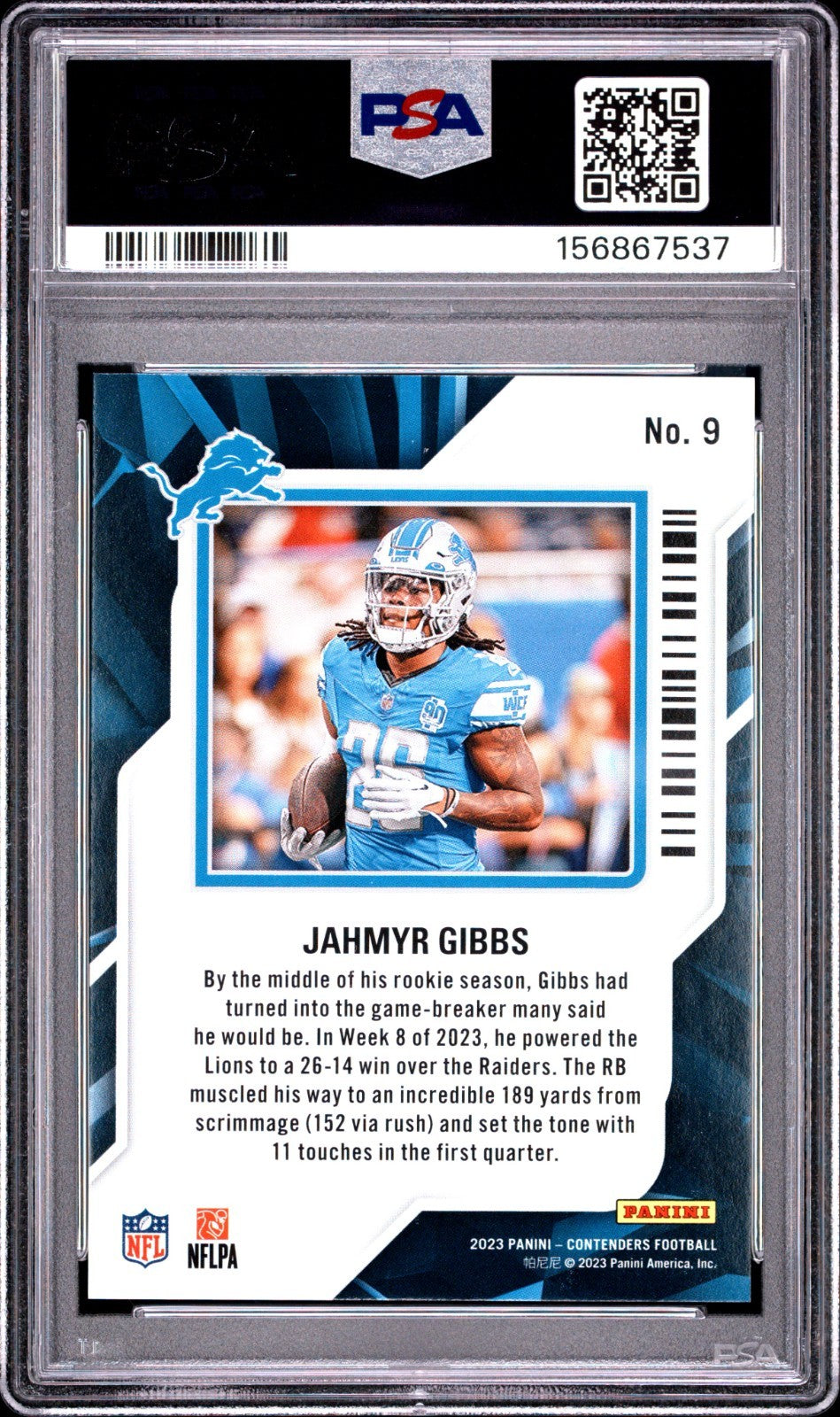 2023 Panini Contenders - RoY Contenders Jahmyr Gibbs #9 Silver RC PSA 9 LOW POP1