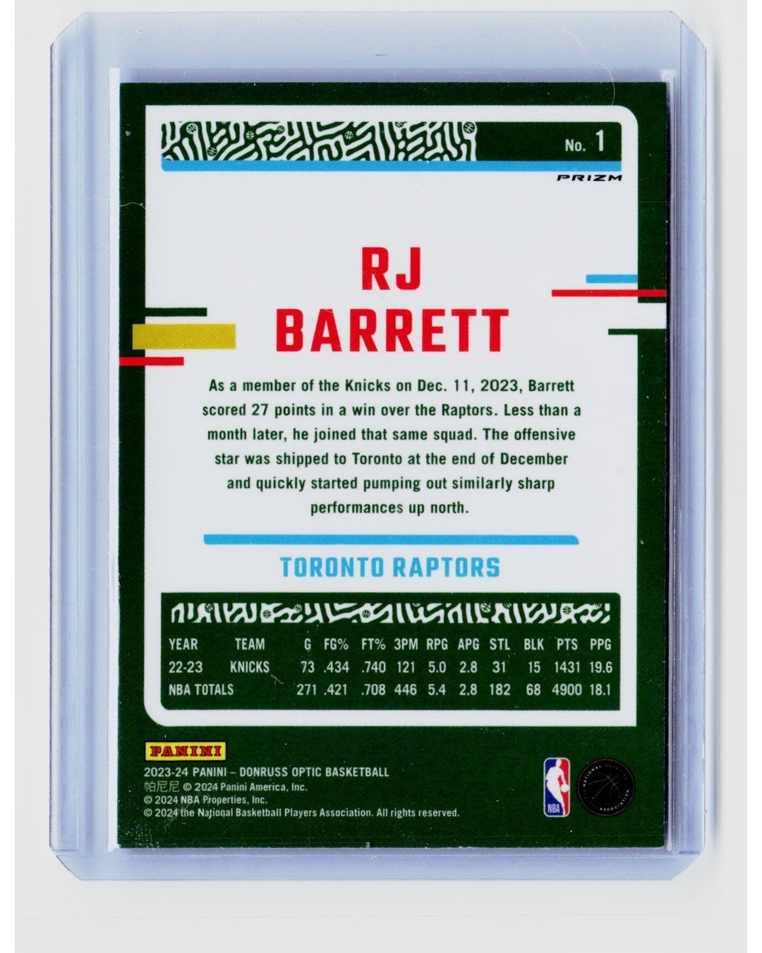 2023-24 Panini Donruss Optic - RJ Barrett #1 Blue Velocity Prizm1